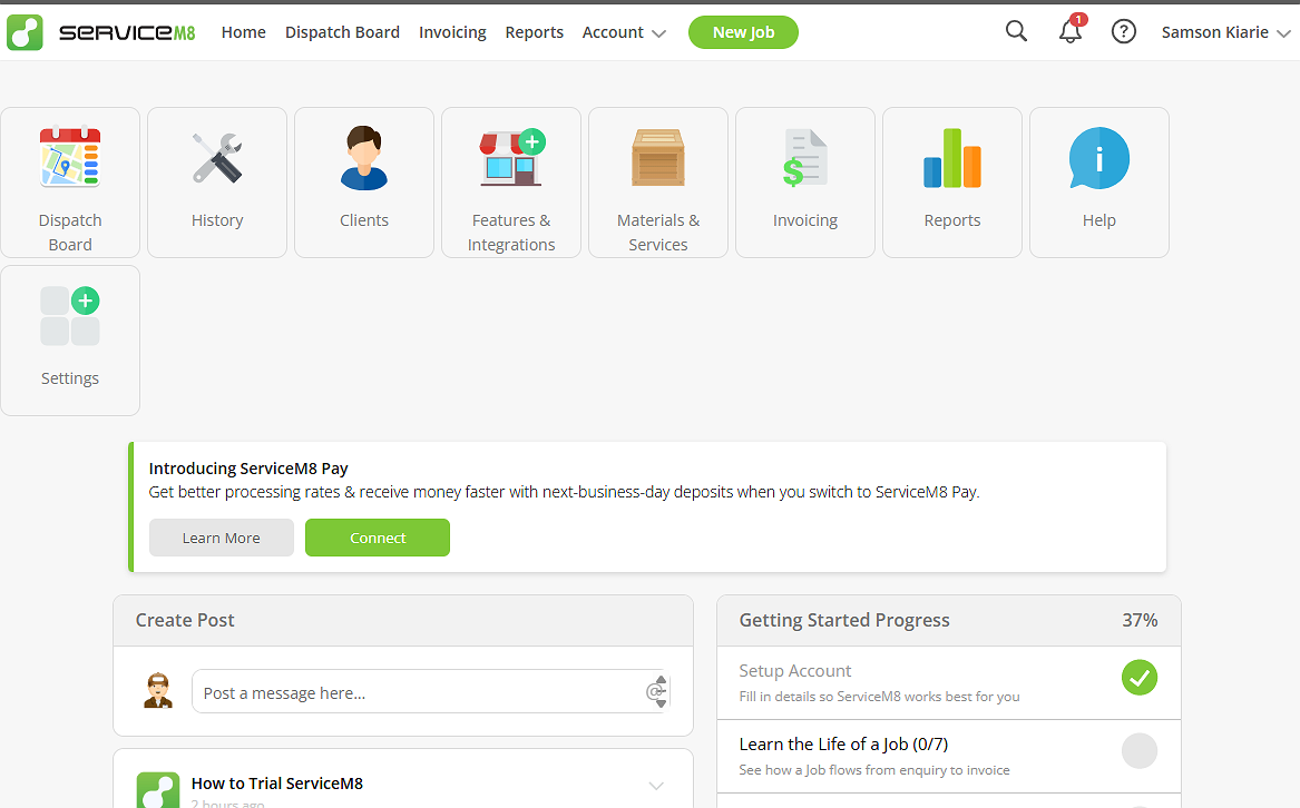 Screenshot showing ServiceM8&rsquo;s web app UI