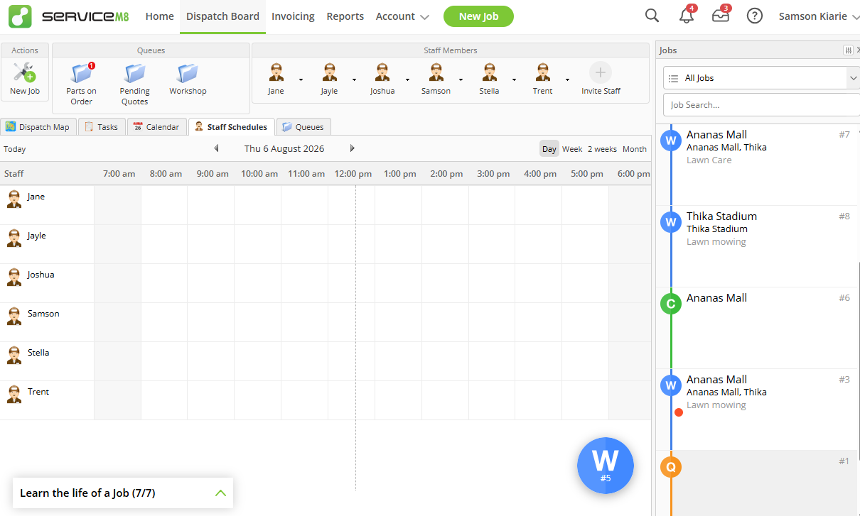 Screenshot showing ServiceM8&rsquo;s Dispatch Board.