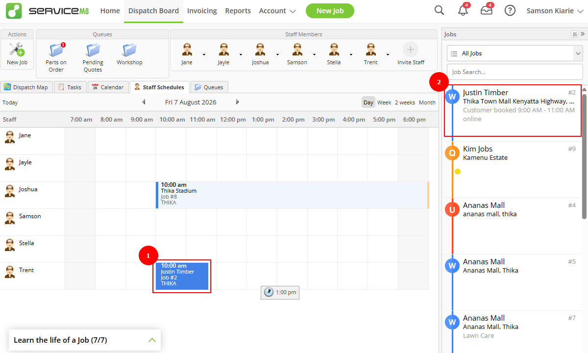 Screenshot showing a booking on a staff schedule.