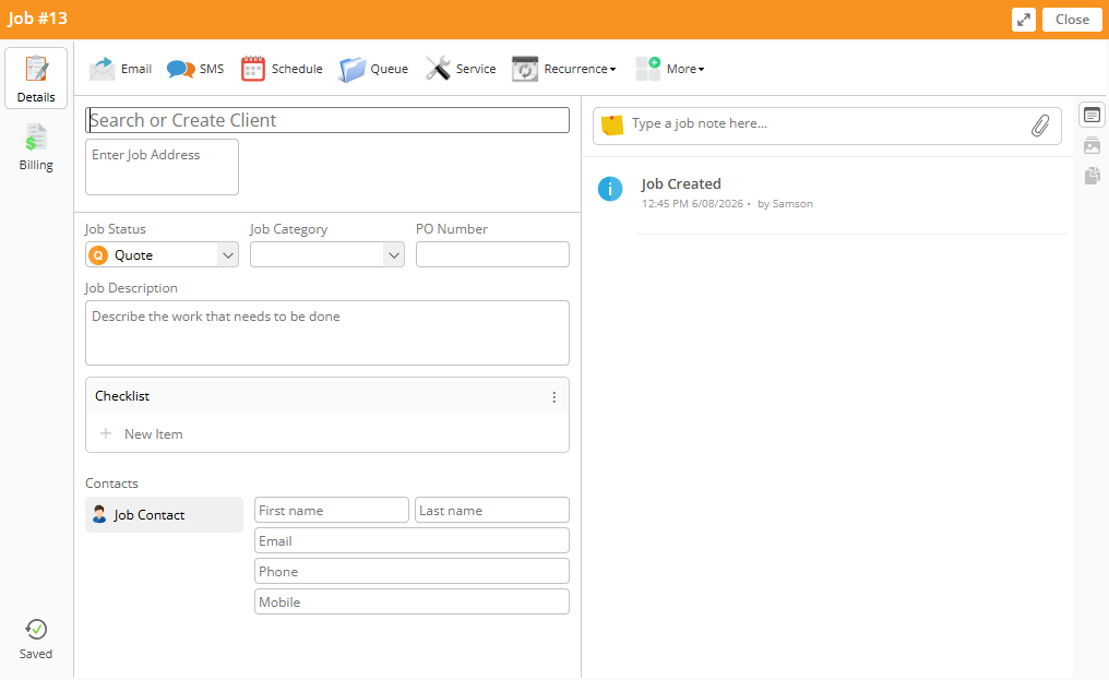 Screenshot showing ServiceM9&rsquo;s job card details tab.