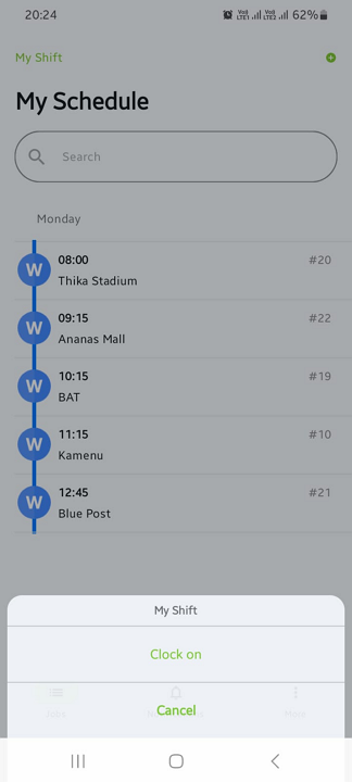 Screenshot showing the clock-on feature