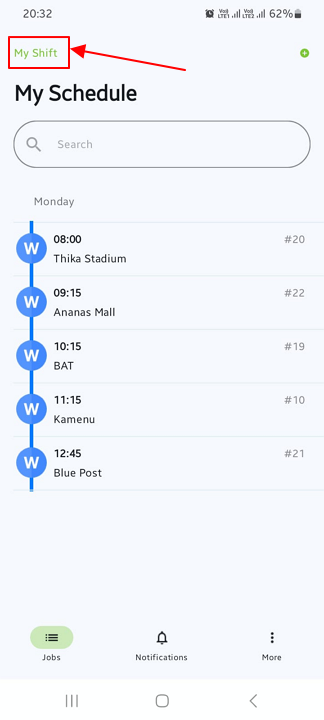 Screenshot showing &lsquo;My Shift&rsquo; option on ServiceM8&rsquo;s Lite app for Android.