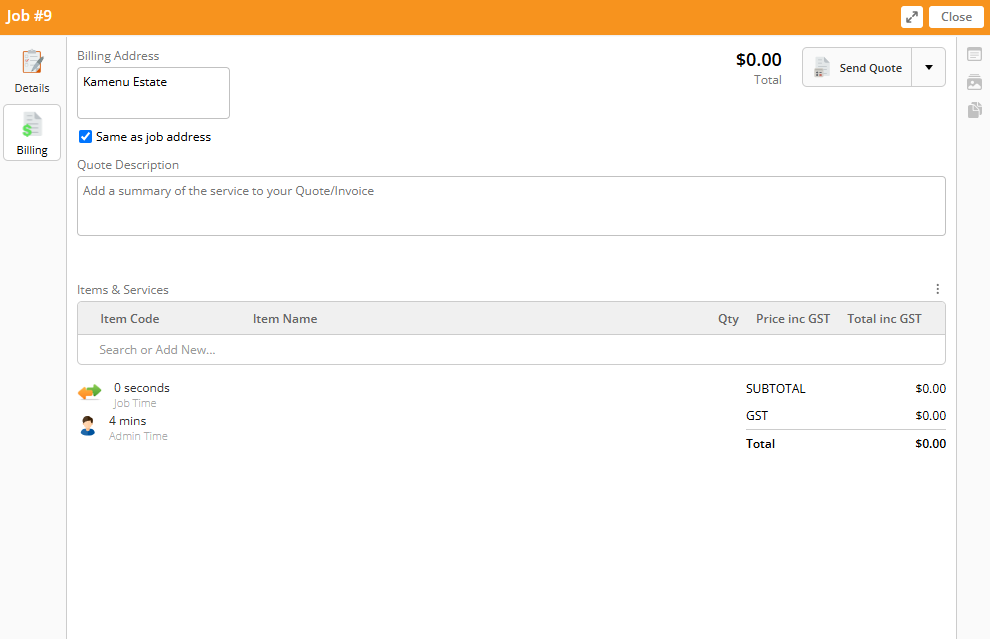 Screenshot showing job card quotes tab