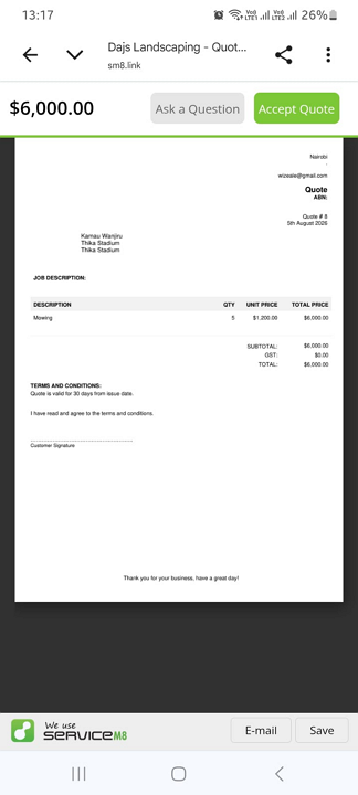 Screenshot showing accept quote option on mobile.