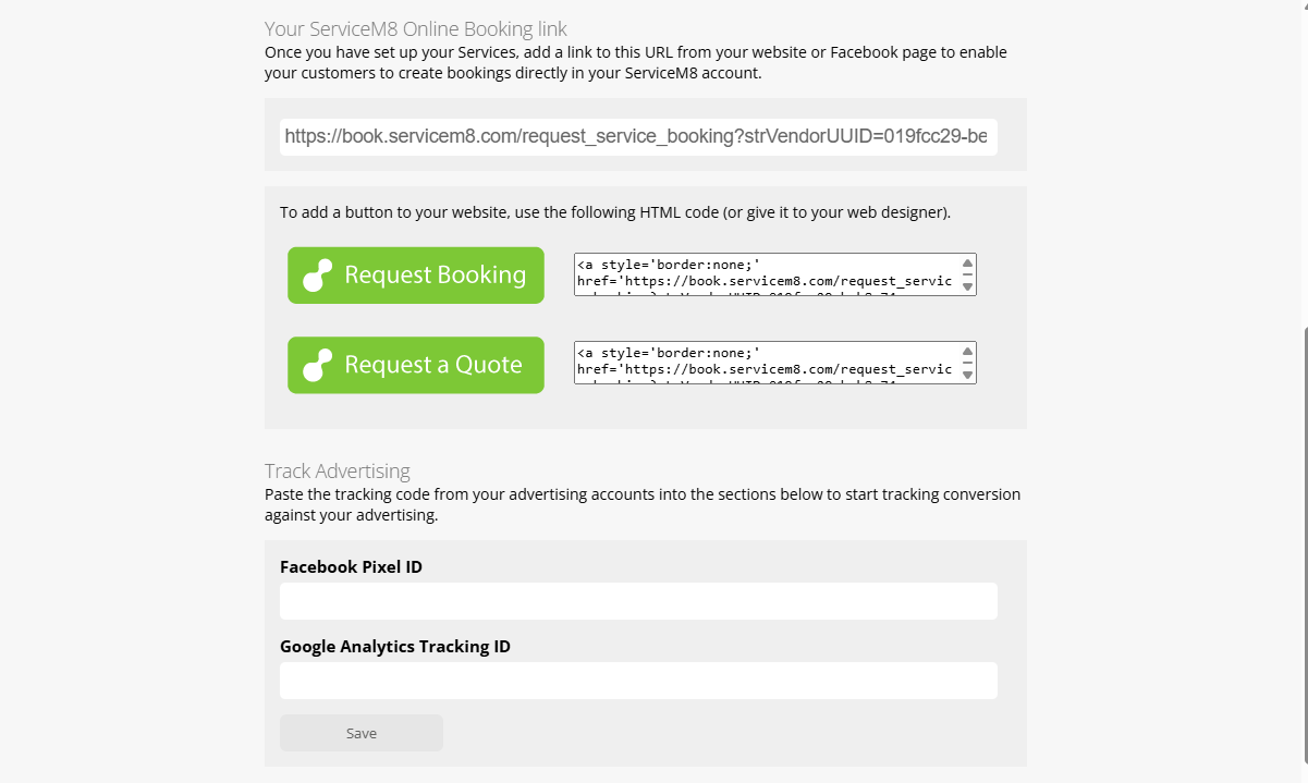 Screenshot showing ServiceM8&rsquo;s booking page settings.