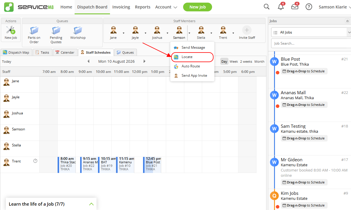 Screenshot showing &lsquo;locate&rsquo; feature on the Dispatch Board.