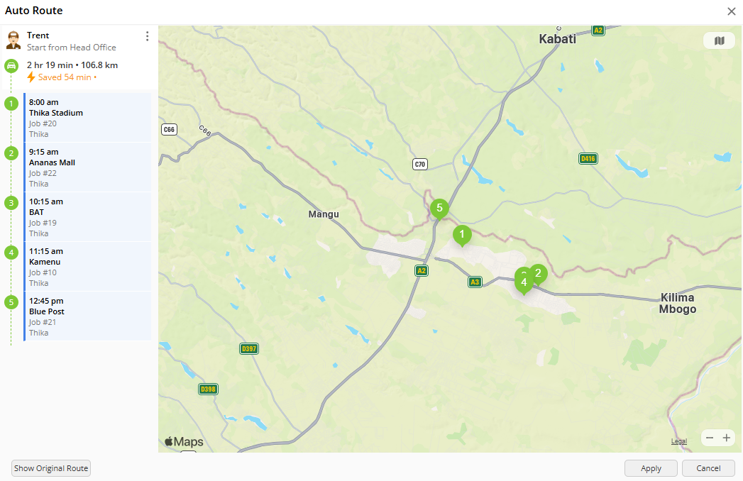 Screenshot showing ServiceM8&rsquo;s Auto Route tool.