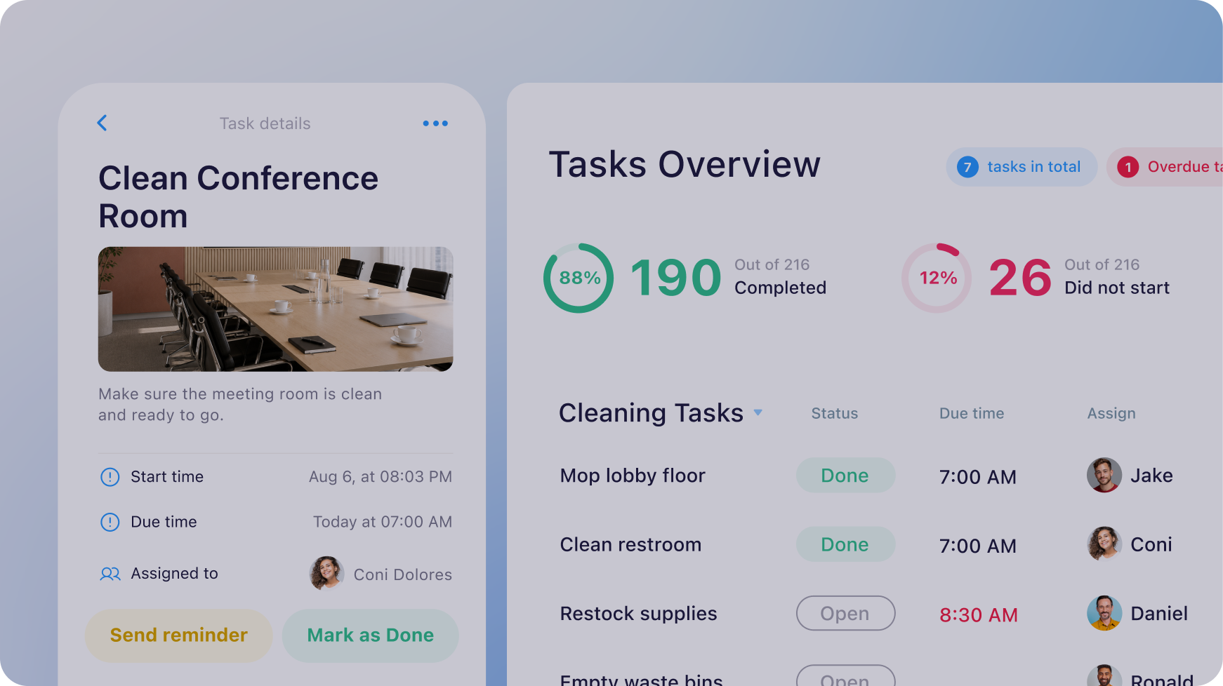 Connecteam task management product video thumbnail with a task details card and tasks overview dashboard