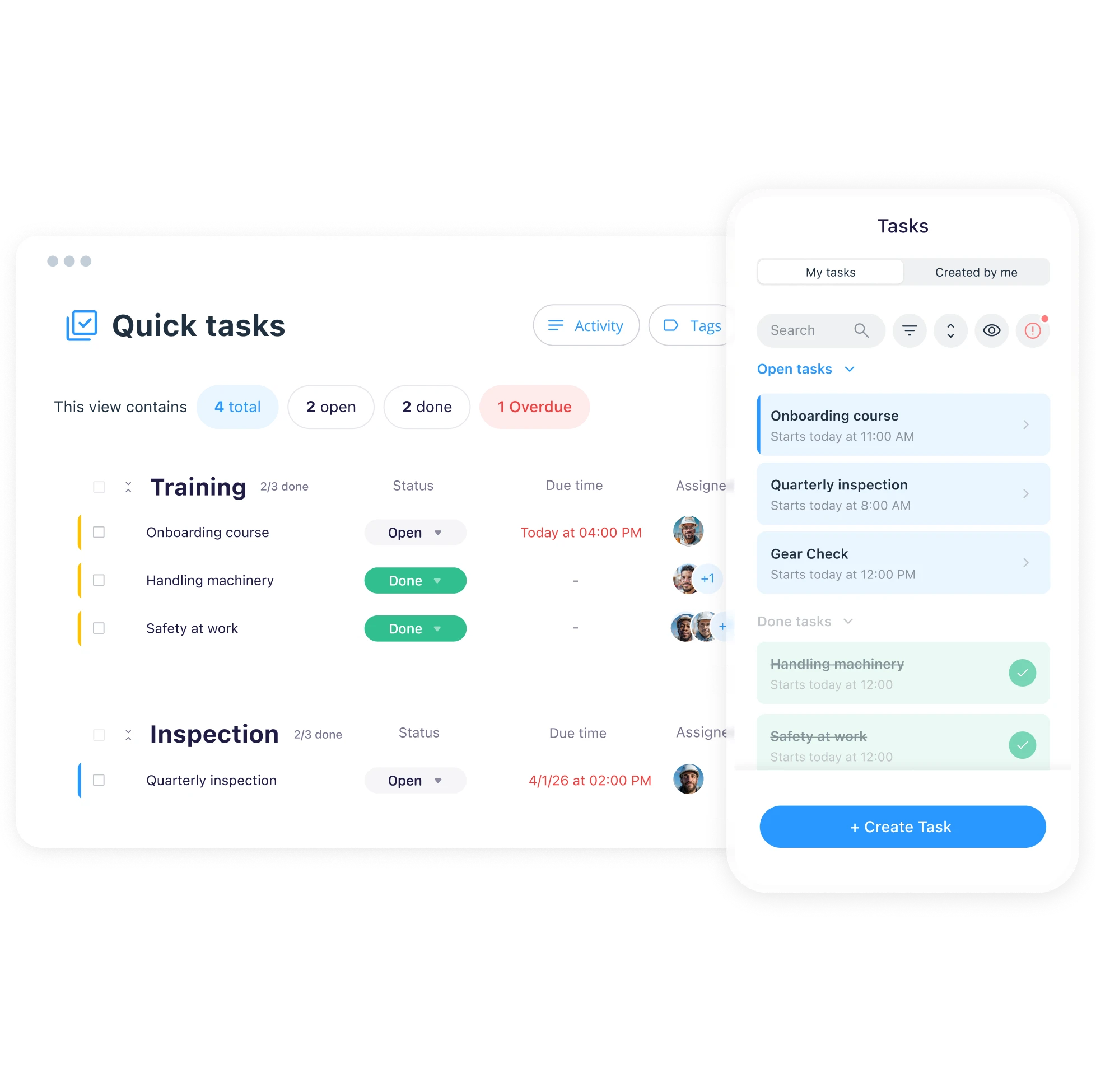 Connecteam's desktop and mobile interface showing quick tasks, open training modules, and upcoming inspection tasks.