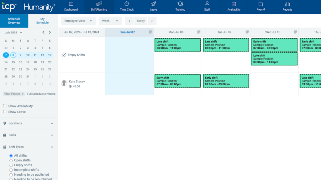 A screenshot of TCP Humanity&rsquo;s weekly scheduling view displaying open and assigned shifts across a calendar layout, with information about who the shift is assigned to and whether it&rsquo;s tagged as an early or late shift. The left-side panel lets you filter the schedule by location, date, skills, and more.