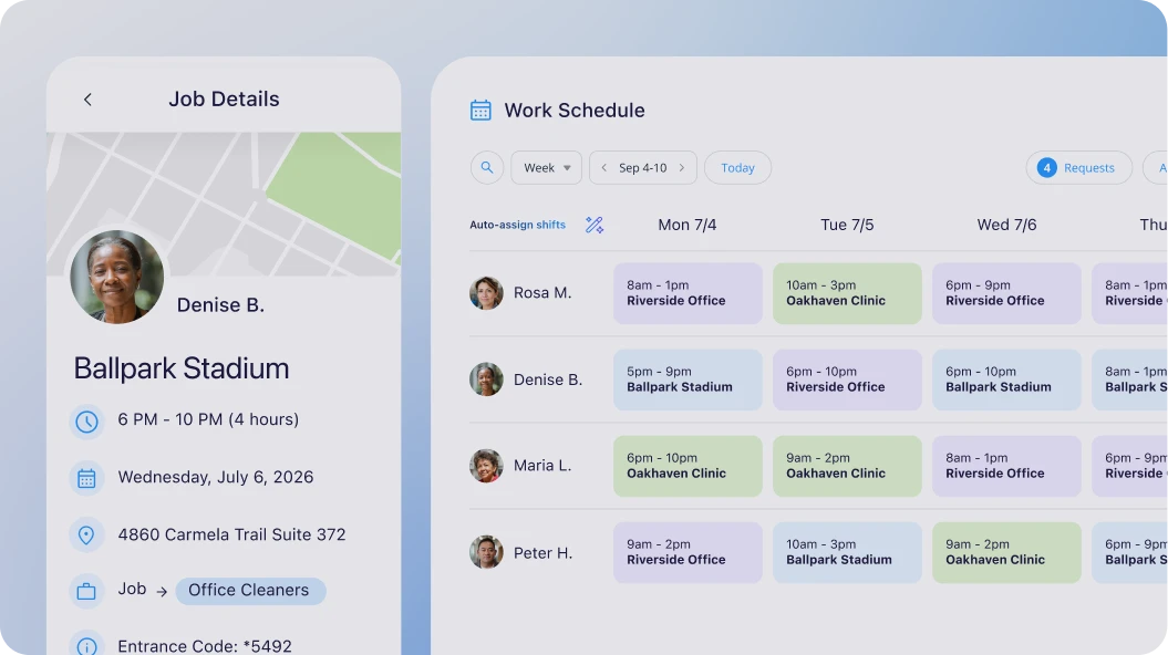 Employee scheduling software displaying a weekly work schedule alongside job details for a Ballpark Stadium shift.