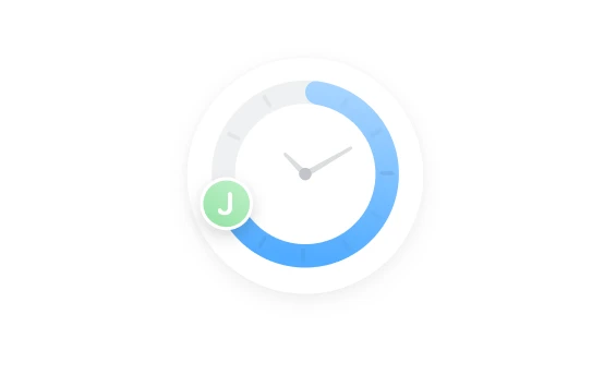 Time clock with a blue progress ring and green employee status indicator.