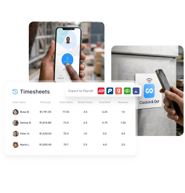 Connecteam employee time tracking system with mobile clock-in, NFC time clock, digital timesheets, and payroll integrations.