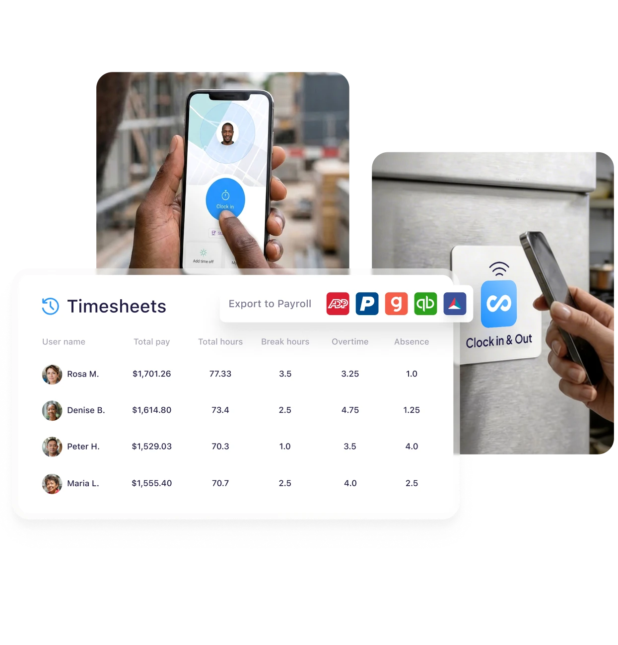 Connecteam employee time tracking system with mobile clock-in, NFC time clock, digital timesheets, and payroll integrations.