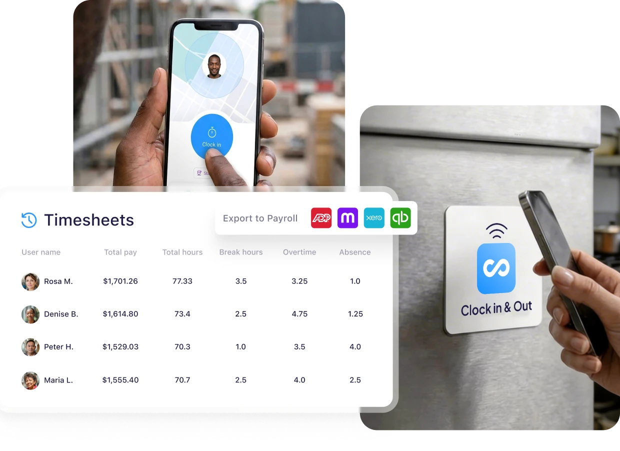 With Connecteam, work hours and overtime are automatically collected in clear timesheets for payroll.