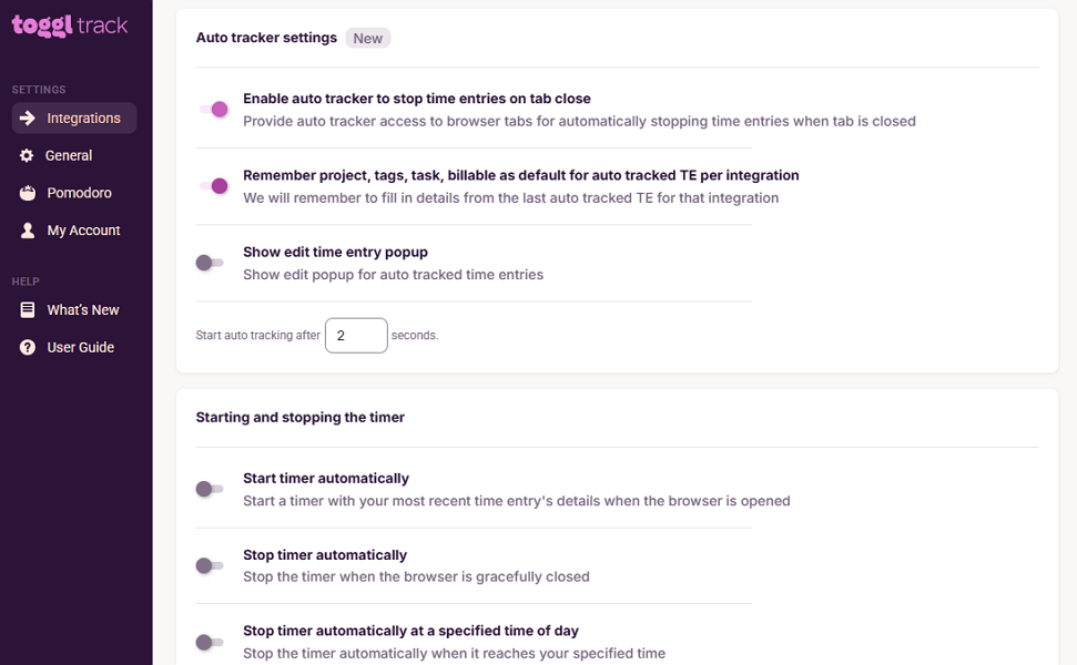 Screenshot showing Toggl Track&rsquo;s auto-tracker settings page.