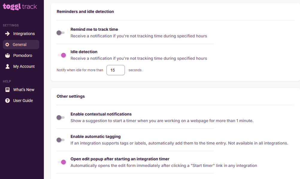 Screenshot showing Toggl Track idle detection settings.