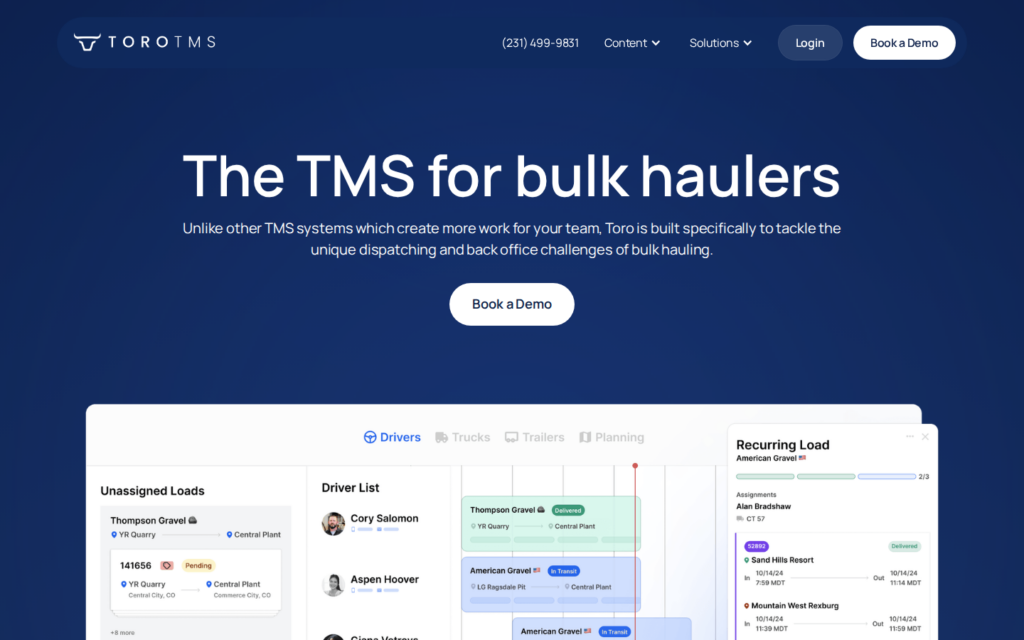 Screenshot of the Toro TMS webpage