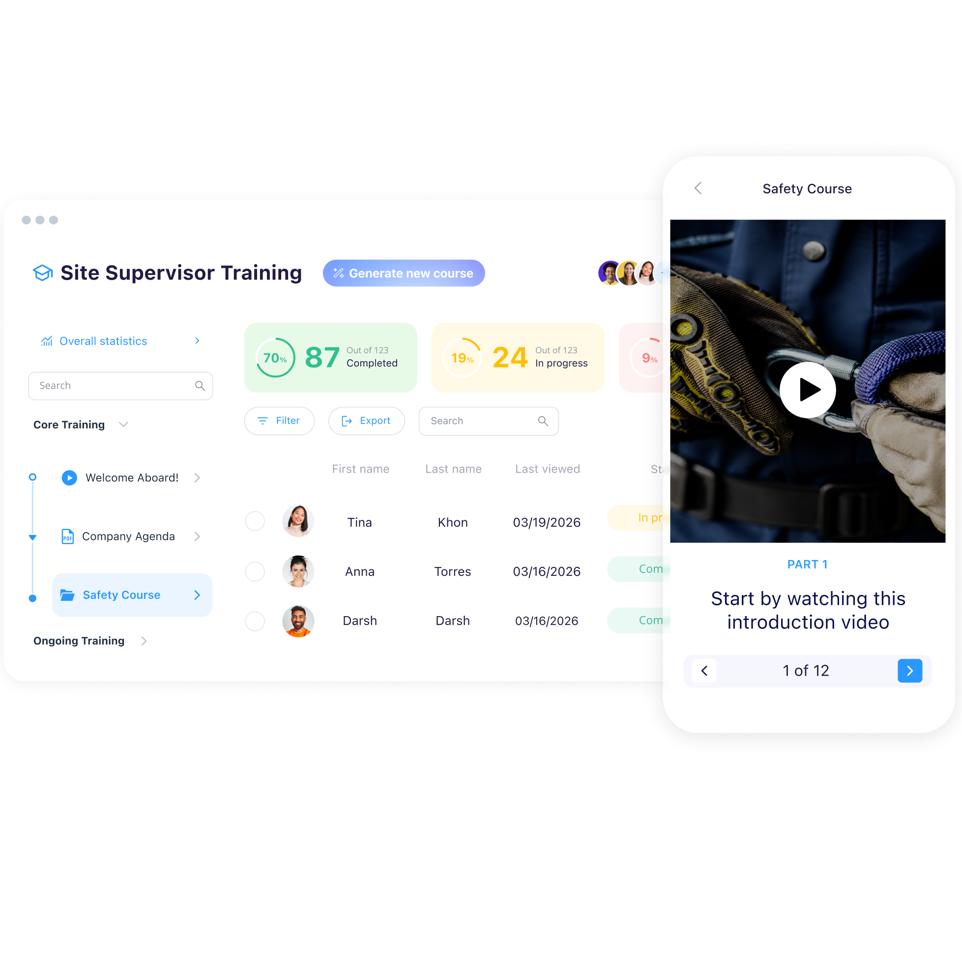 Connecteam employee training management dashboard alongside a mobile interface showing a site supervisor safety course.