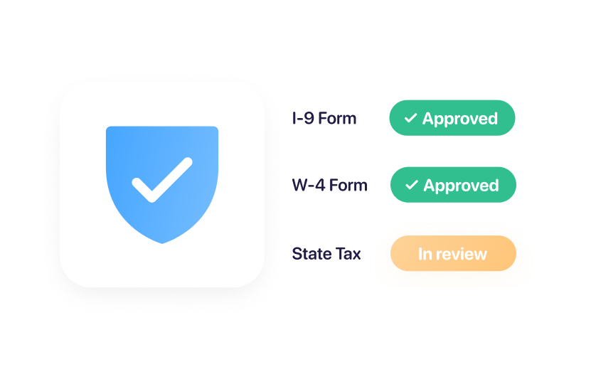 Connecteam compliance management interface showing approved status for I-9 and W-4 forms alongside an in-review status for State Tax.
