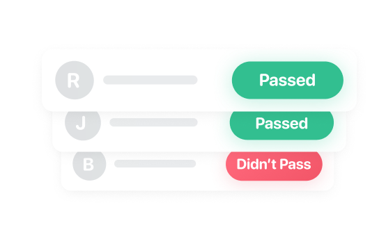 Connecteam quiz assessment interface displaying employee pass and fail statuses.