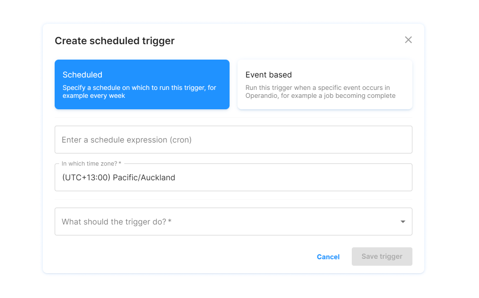 A screenshot of how to set up scheduled or event-based triggers in Operandio.