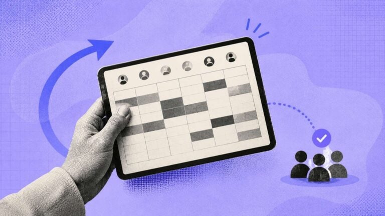 A graphic showing a hand holding a tablet with a work schedule on it
