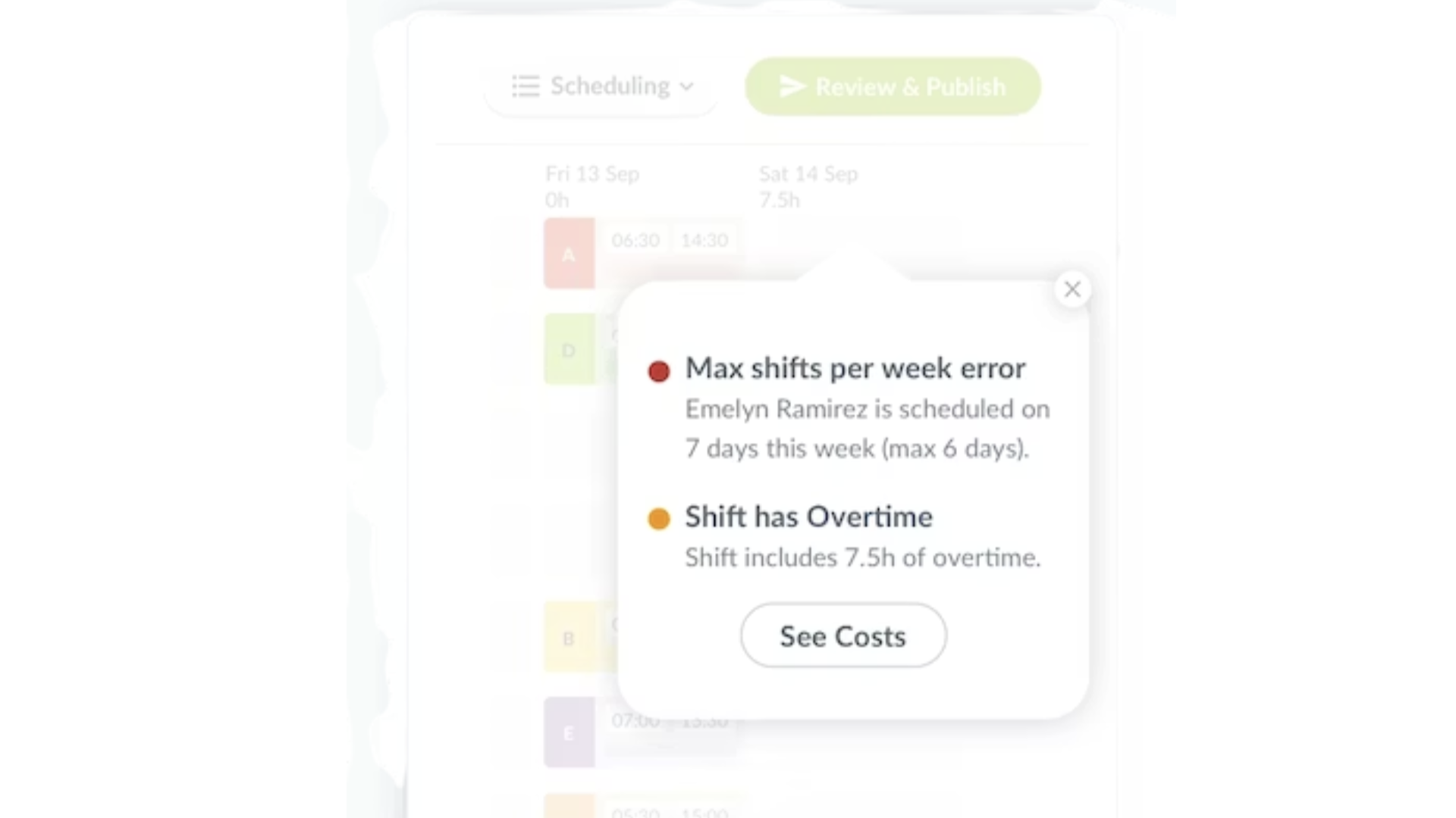 A screenshot of a pop-up from Workforce.com&rsquo;s scheduler flagging an overtime warning and a maximum shift threshold issue.