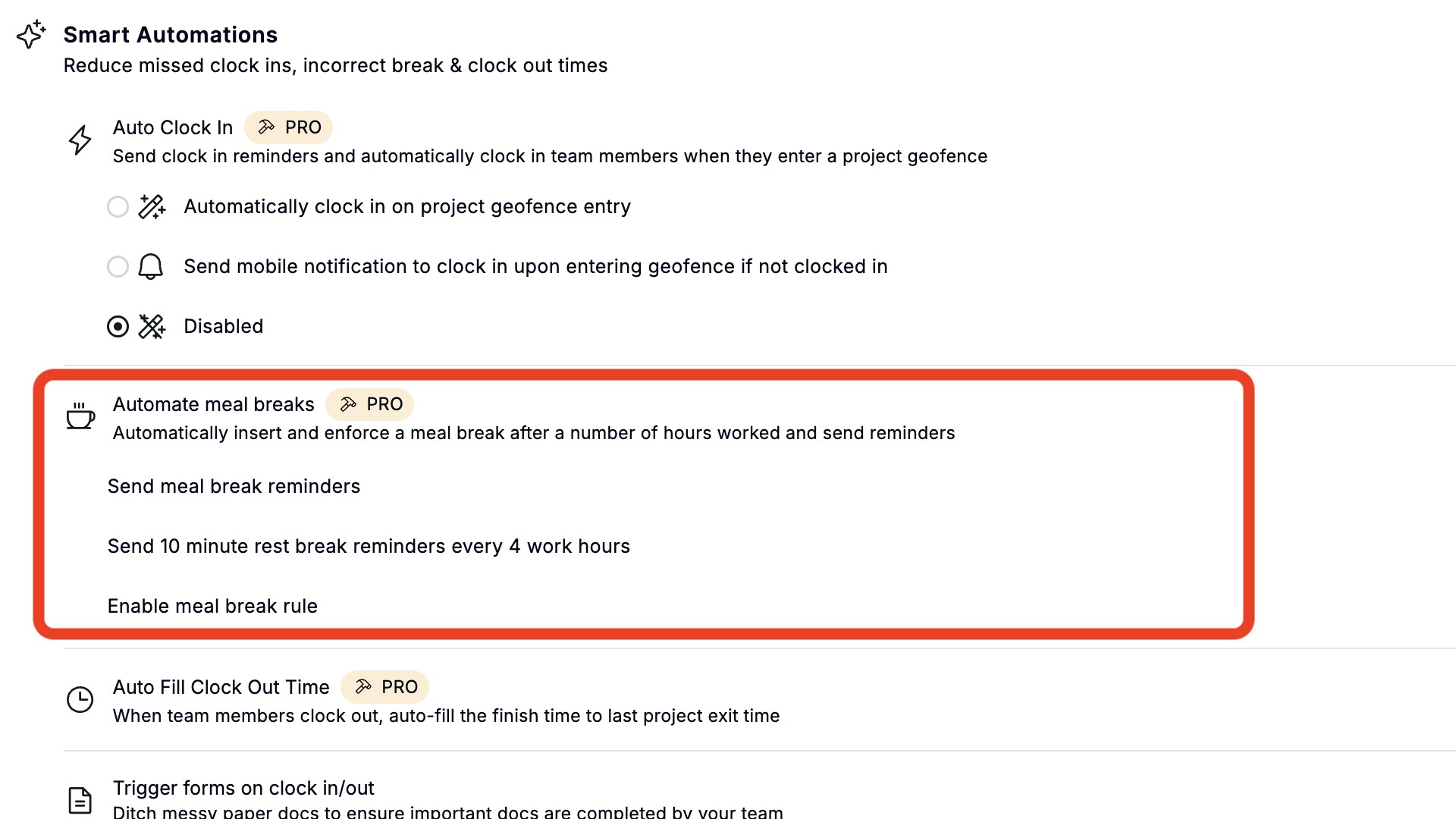 Screenshot showing Workyard’s automatic break options. You can configure the platform to send a 10-minute rest break reminder every 4 hours and also set custom reminders for meal breaks.