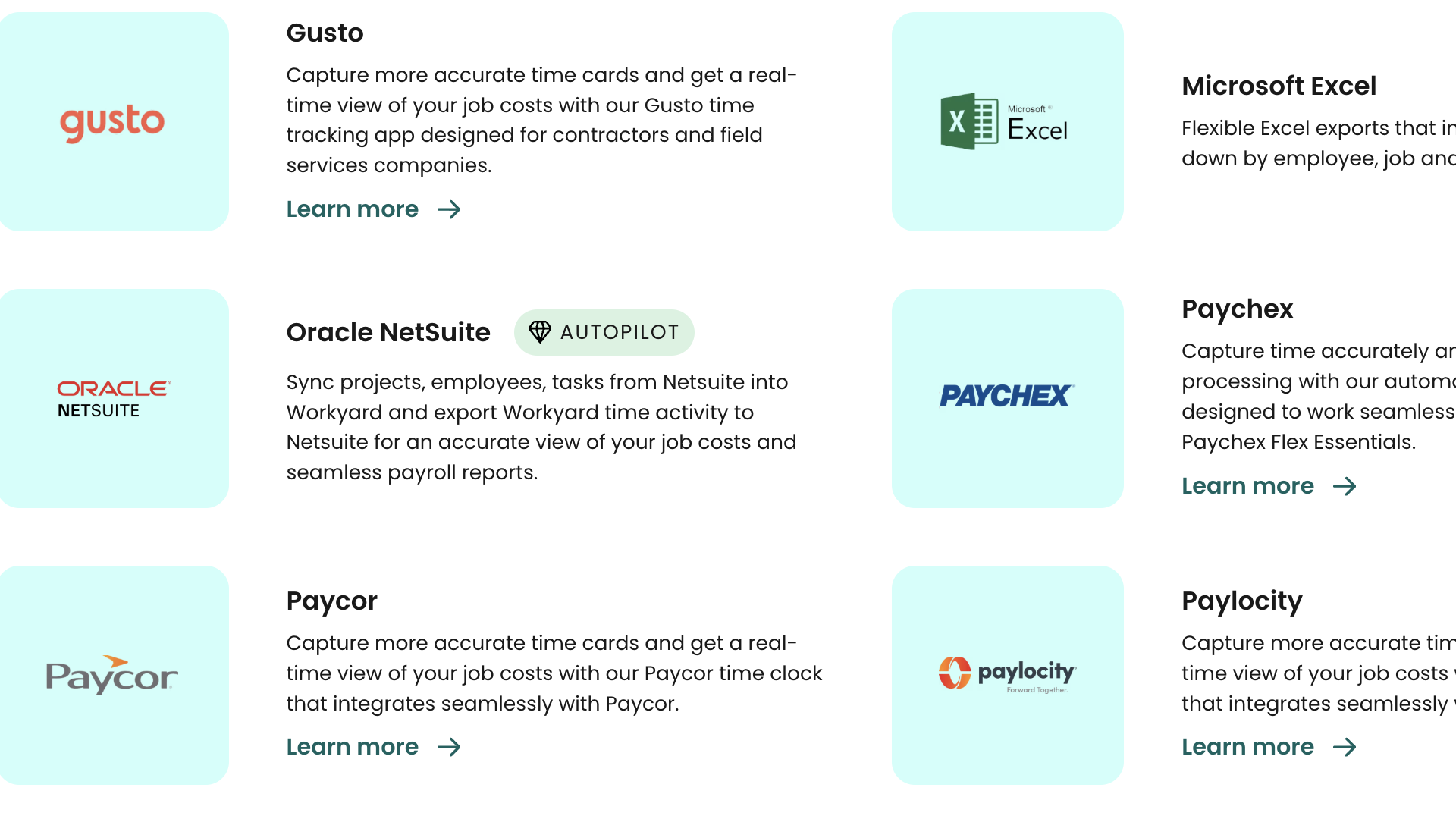 Screenshot showing Workyard integrations, such as Gusto, Microsoft Excel, Oracle NetSuite, Paychex, Paycor, and Paylocity.