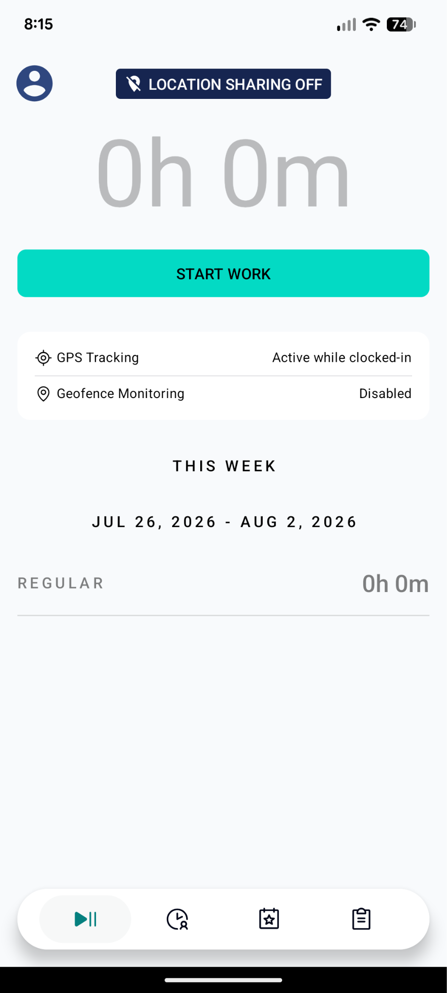 Screenshot of Workyard’s mobile home page, which displays a large timer front and center with the button to “Start Work.” You can also see GPS and geofencing settings and how much time has been tracked this week. The bottom bar displays icons for other features, though they aren’t clearly labeled.