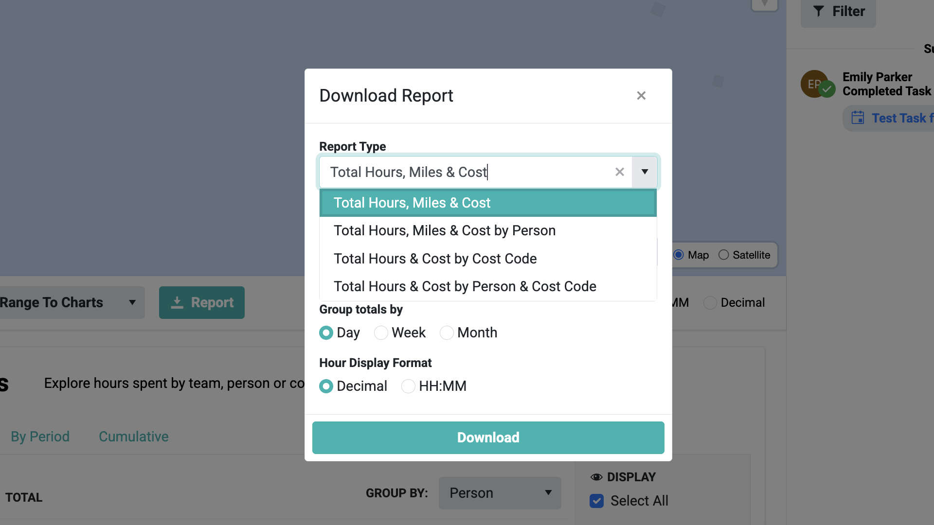 Screenshot of Workyard’s reporting options within the Projects Hub. Reports show total hours, miles, and costs by cost codes or employees.