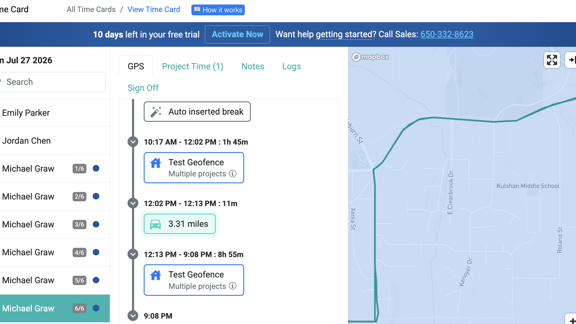 Screenshot of an employee’s time card, which shows the exact route they took while driving during work hours (when they were clocked in).