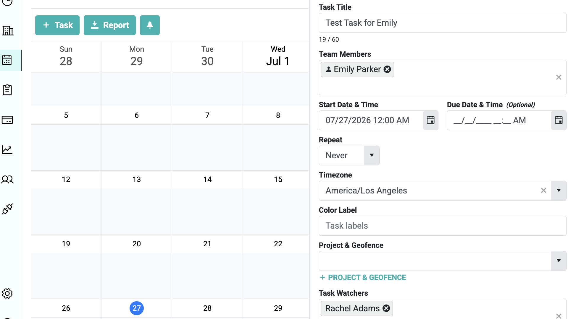 Screenshot of Workyard’s task interface, with a right sidebar open to create a new task. There are fields for assigned team members, start and due dates, repeat options, timezone, color labels, geofences, task watchers, and more.