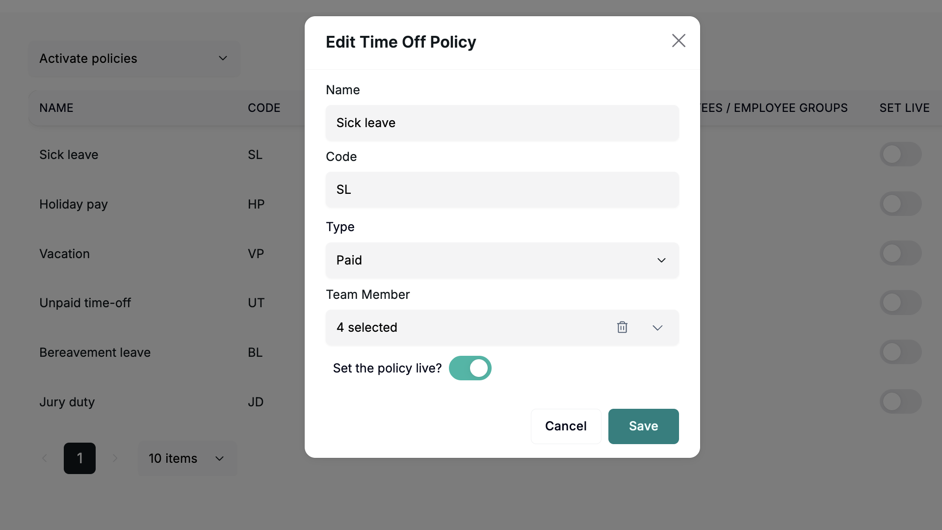 Screenshot of the Sick leave policy in Workyard. There are fields to edit the name, code, paid/unpaid status, and team members it applies to, and a toggle to set the policy live.