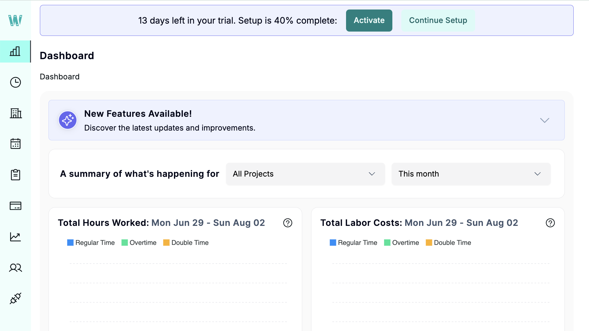 Screenshot of Workyard’s interface, which looks minimalistic with a white and teal color scheme. The left sidebar has icons to navigate to other features, such as Time Cards, Project Hub, Tasks & Calendar, etc.