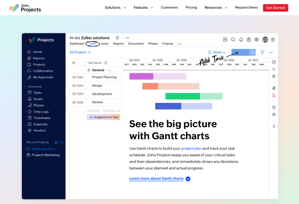 Zoho Projects uses Gantt charts to help teams plan projects and track tasks. 