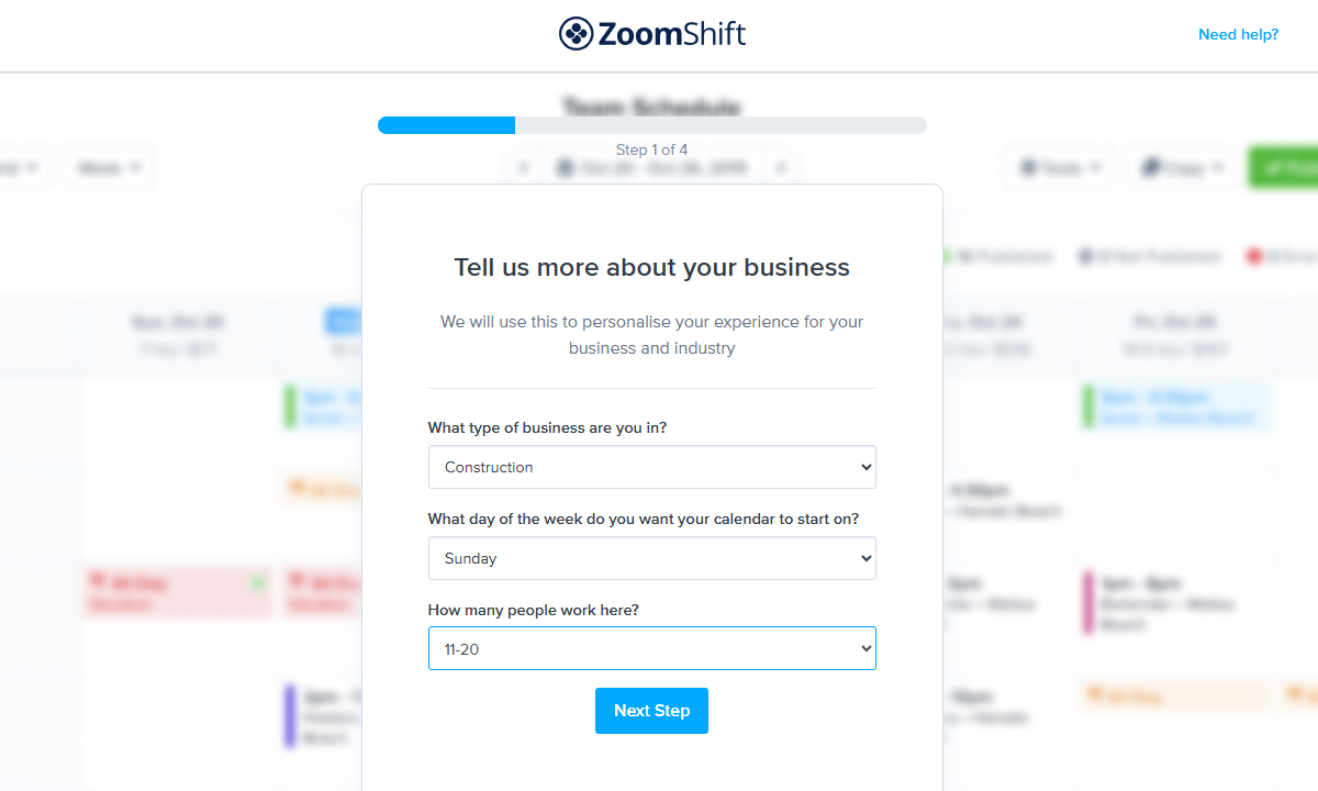 Screenshot showing ZoomShift's onboarding wizard.