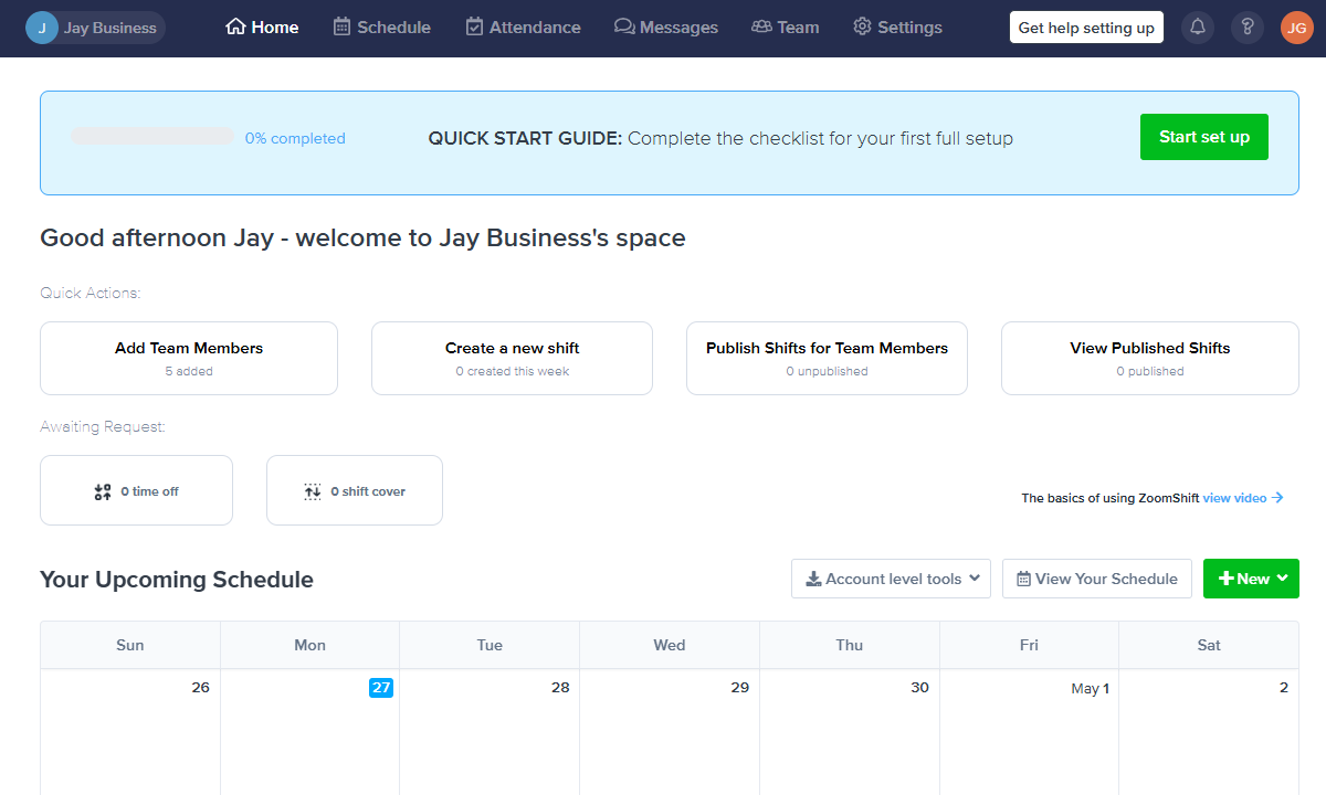 Screenshot showing ZoomShift's quick start guide