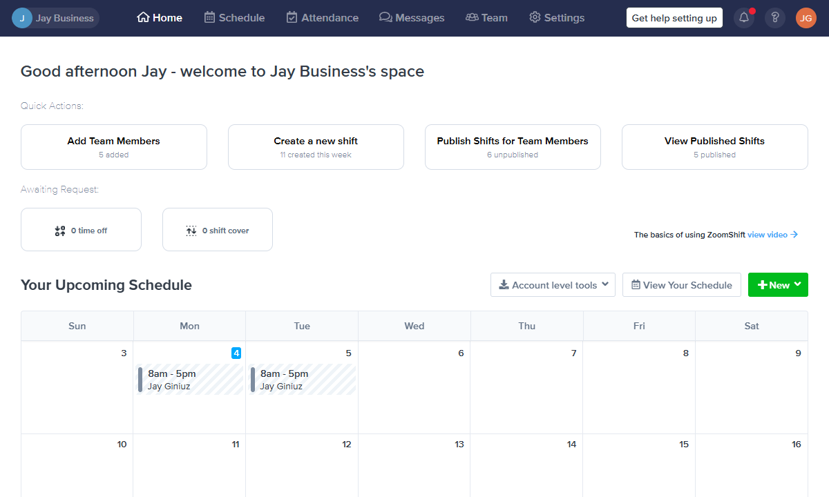Screenshot showing ZoomShift's web app - manager's version.