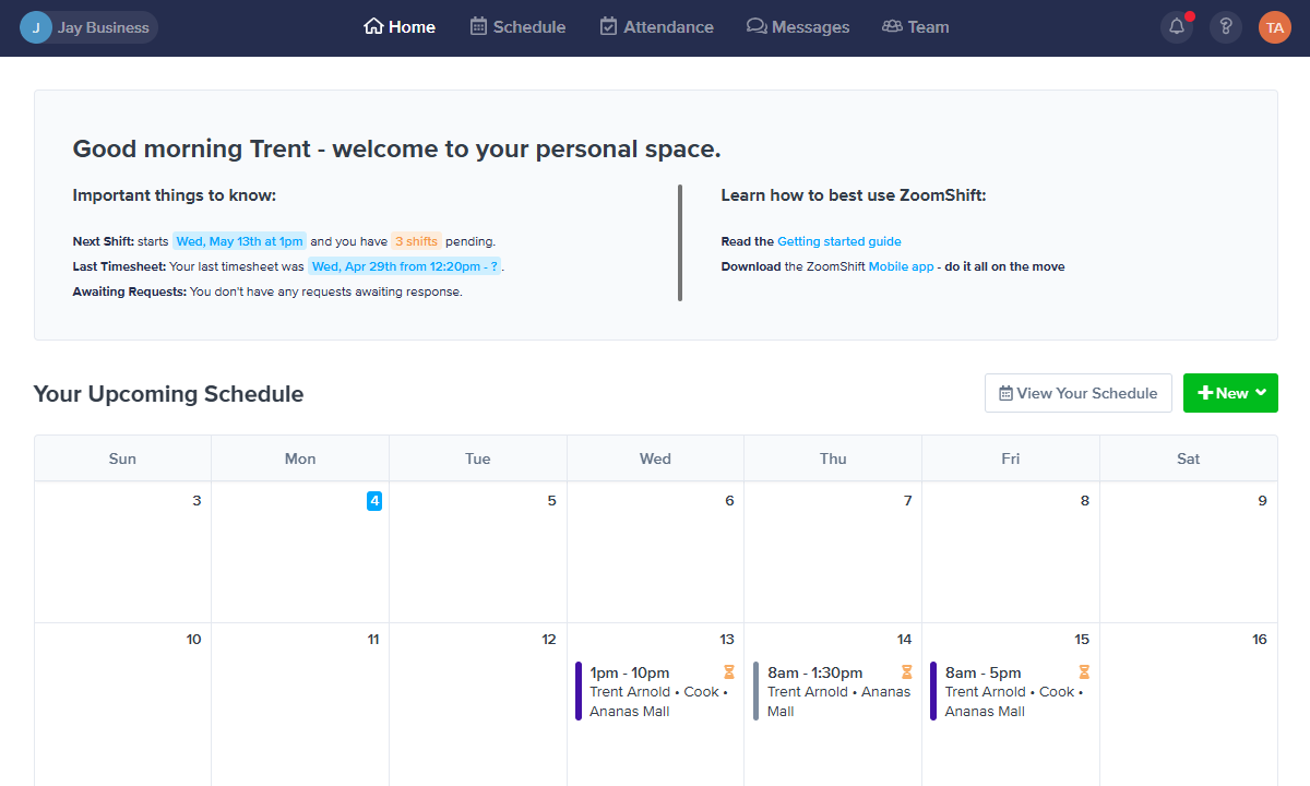 Screenshot showing ZoomShift's web app - employee version.