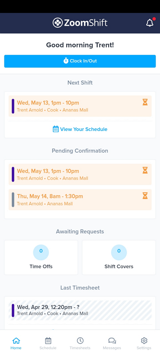 Screenshot showing ZoomShift's mobile app employee version.