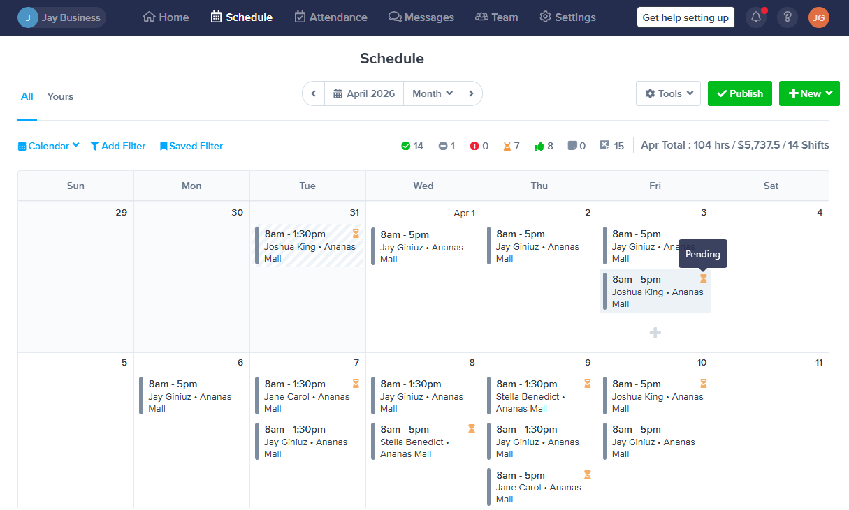 Screenshot showing unpublished shifts.