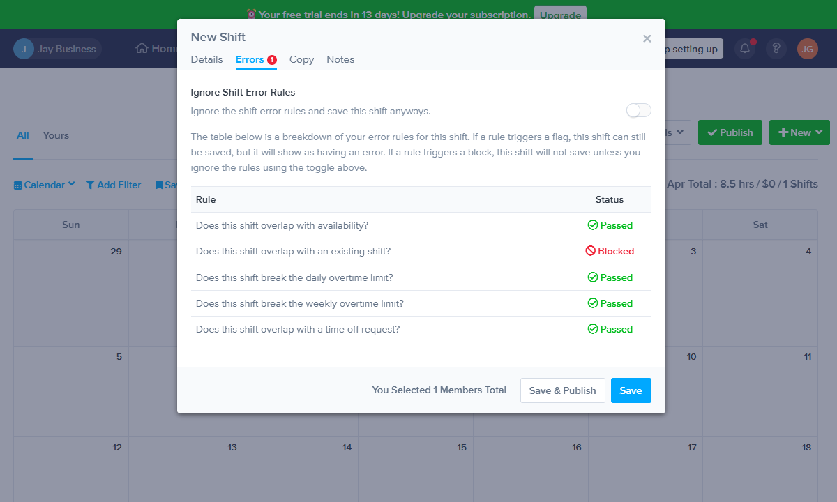Screenshot a blocked overlapping shift.