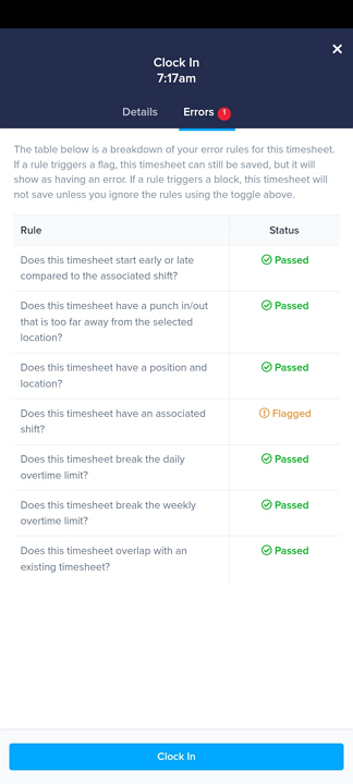 Screenshot showing flagged timesheet errors on mobile.