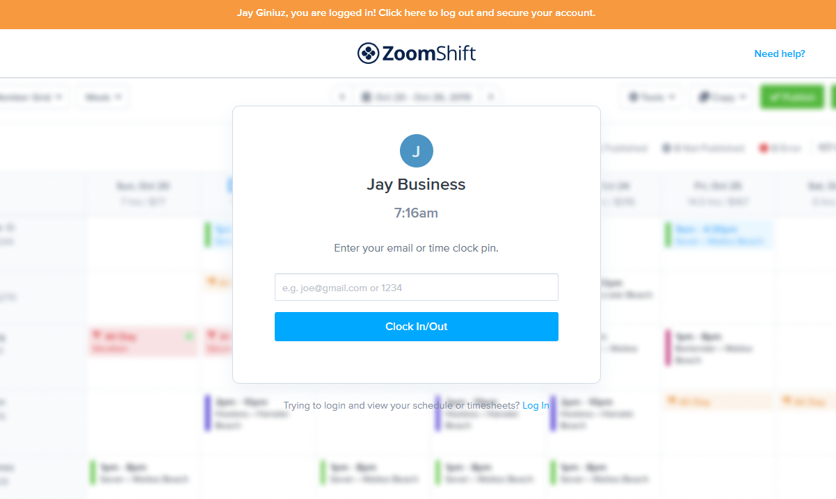 Screenshot showing ZoomShift's kiosk.