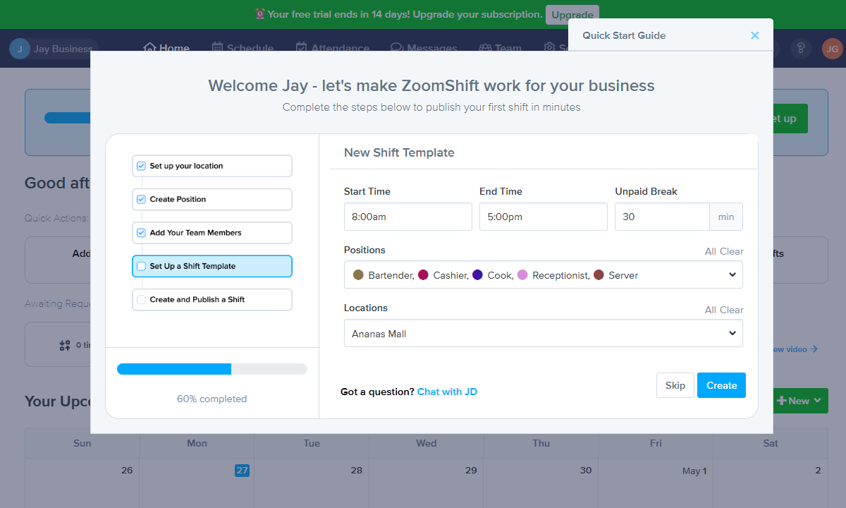 Screenshot showing the shift template page.