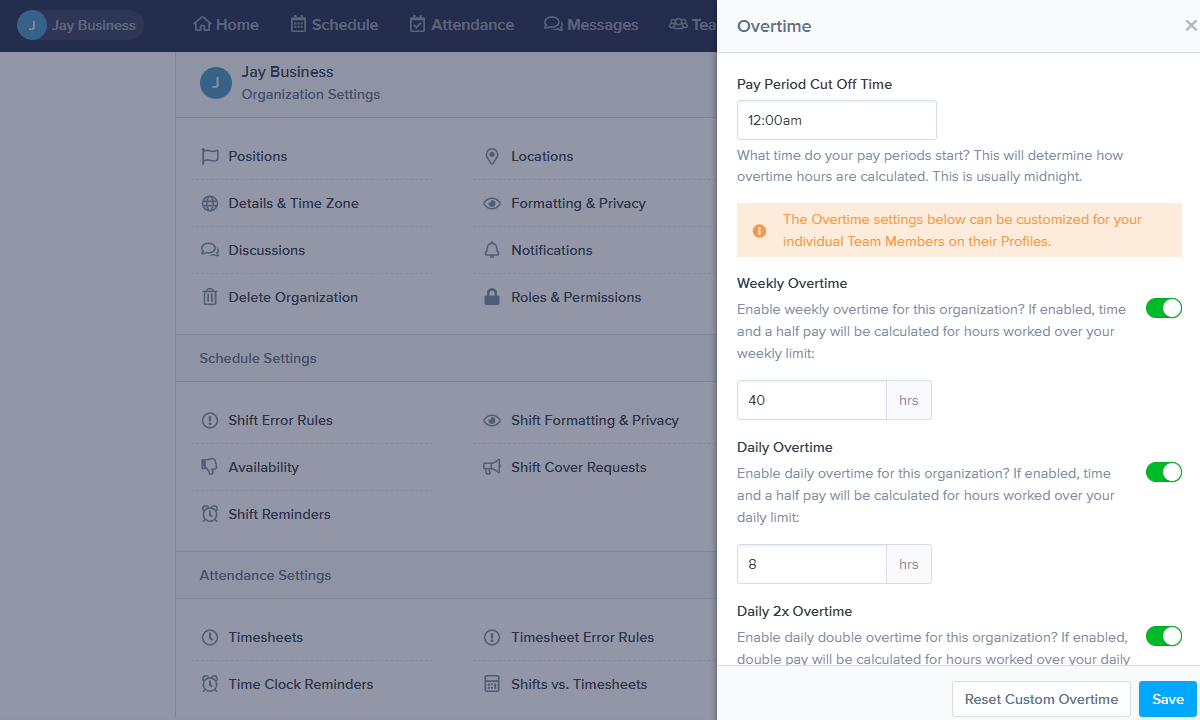 Screenshot showing ZoomShift's overtime settings.