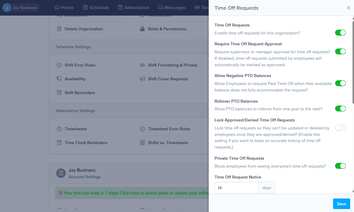 Screenshot showing ZoomShift's time-off settings page.