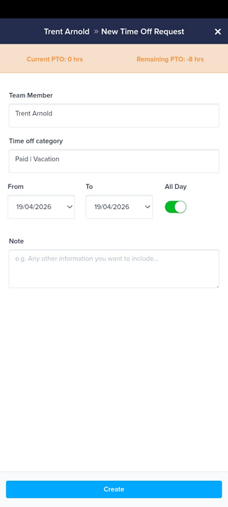 Screenshot showing the time off request page on Android.